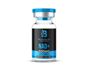 Bio Peptides UK NAD+ 500mg peptide supplement bottle with label and capsules visible on a white background.