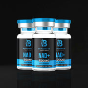 NAD+ 500mg peptide capsules from Bio Peptides UK in a clear bottle with a white label.