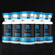 NAD+ 500mg peptides in a clear bottle with a white label, showcasing Bio Peptides UK branding and product details.